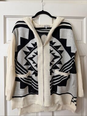 Oceanside Cream & Black Hooded Zip Cardigan Sweater
